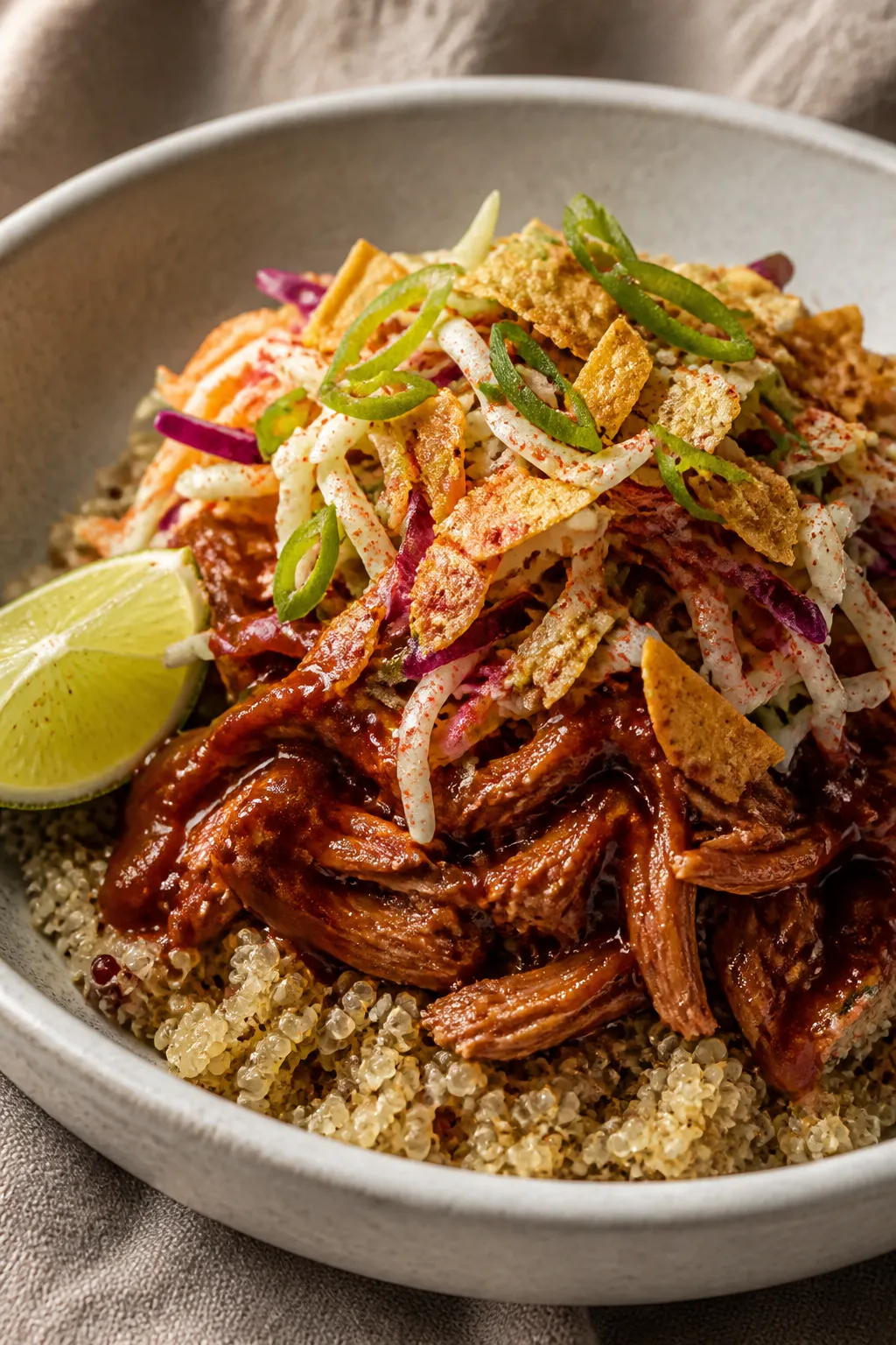 Final plated hero shot: Restaurant-quality BBQ slaw bowl—quinoa topped with glossy pulled pork lig