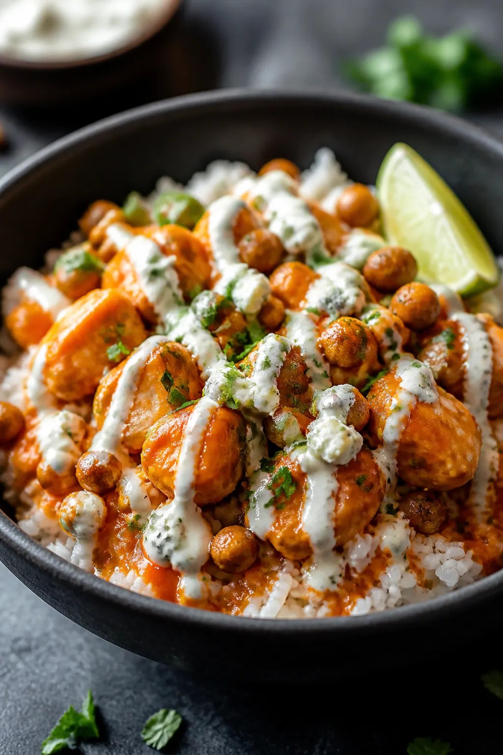 Final plated hero shot: Restaurant-quality Buffalo Chicken Rice Bowl in a dark ceramic bowl to make 