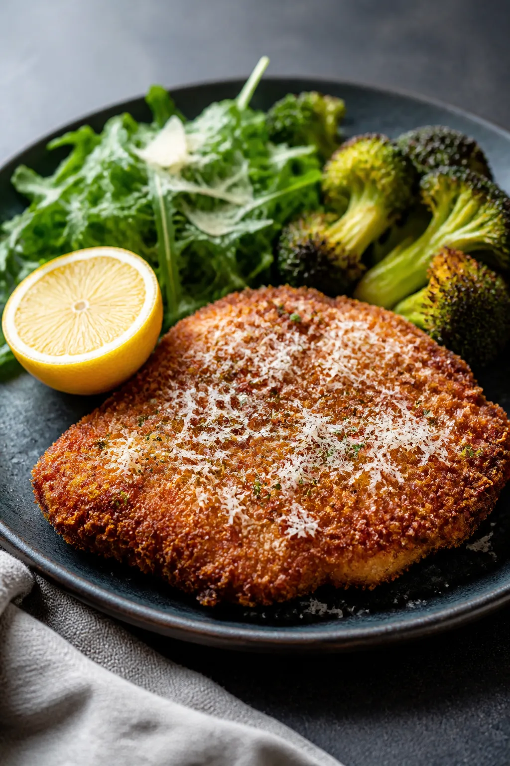 Final plated hero shot: whole Parmesan-crusted chicken cutlet on a dark ceramic plate with arugula s