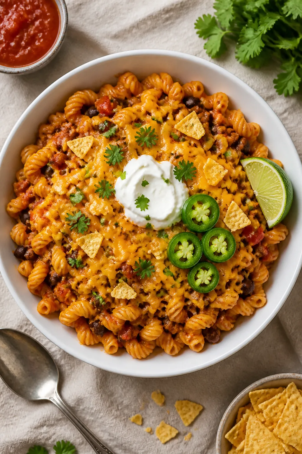 Final plated overhead: Tasty of a generously filled wide, white bowl of One Pot Taco Pasta, topped w