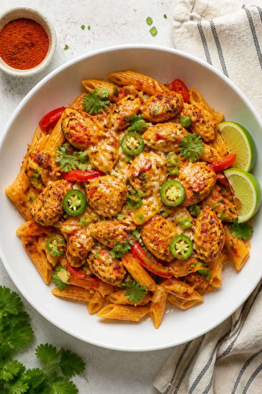 Final plated overhead: Top-down restaurant-quality presentation of High Protein Chicken Fajita Pasta