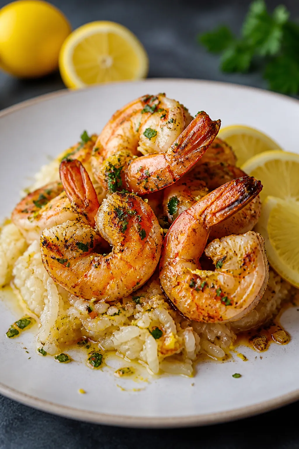 Final plated presentation, : Beautifully plated Lemon Garlic Shrimp and Rice mounded on a white cera