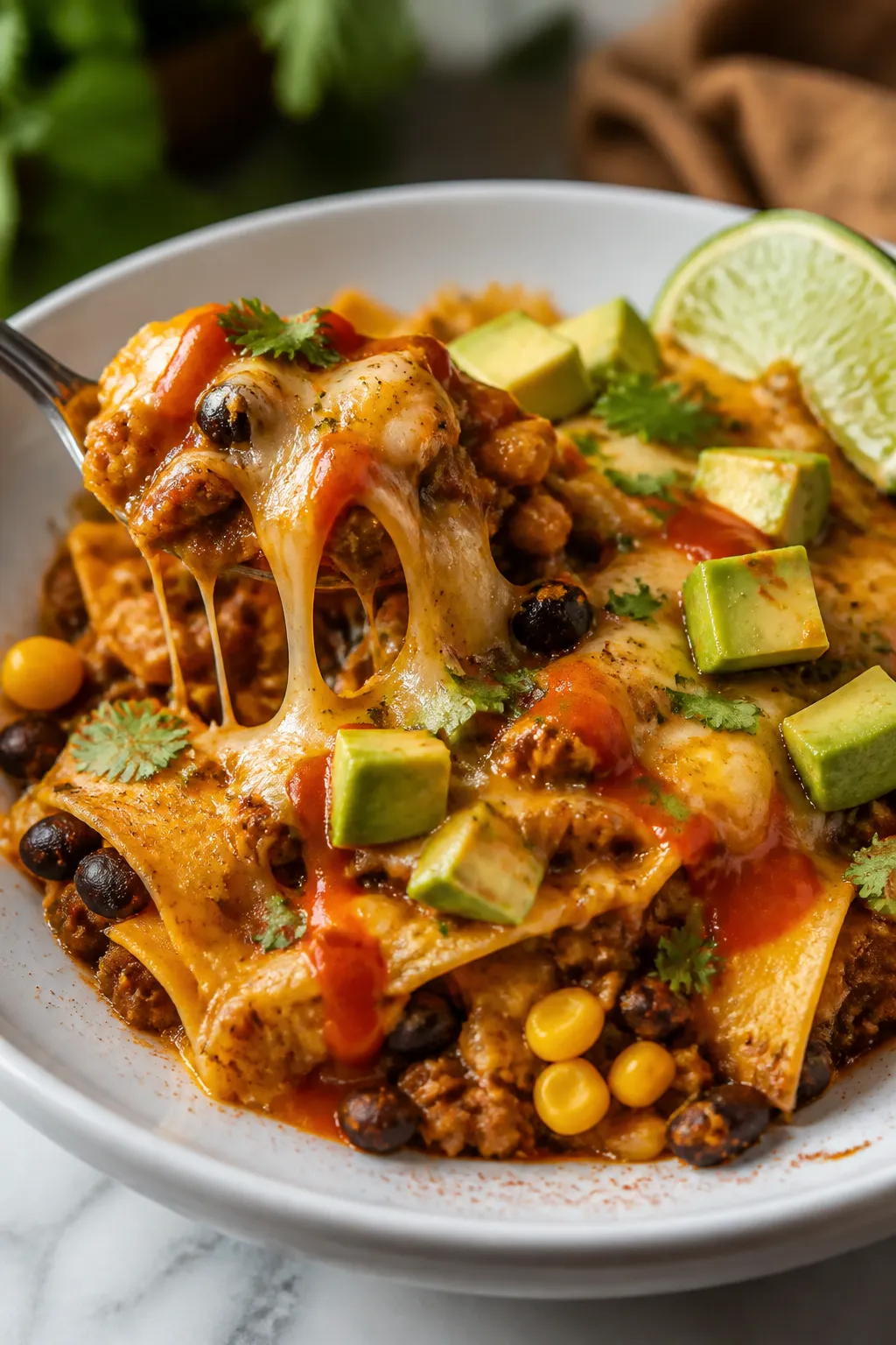 Final plated presentation, close-up: A generous spoonful of Ground Turkey Enchilada Skillet served i