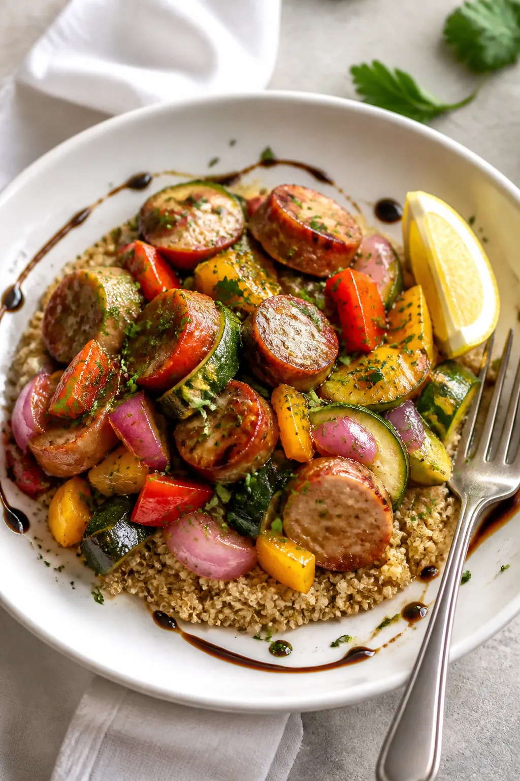 Final plated presentation of the Sheet Pan Chicken Sausage Dinner in a wide, shallow white bowl: col