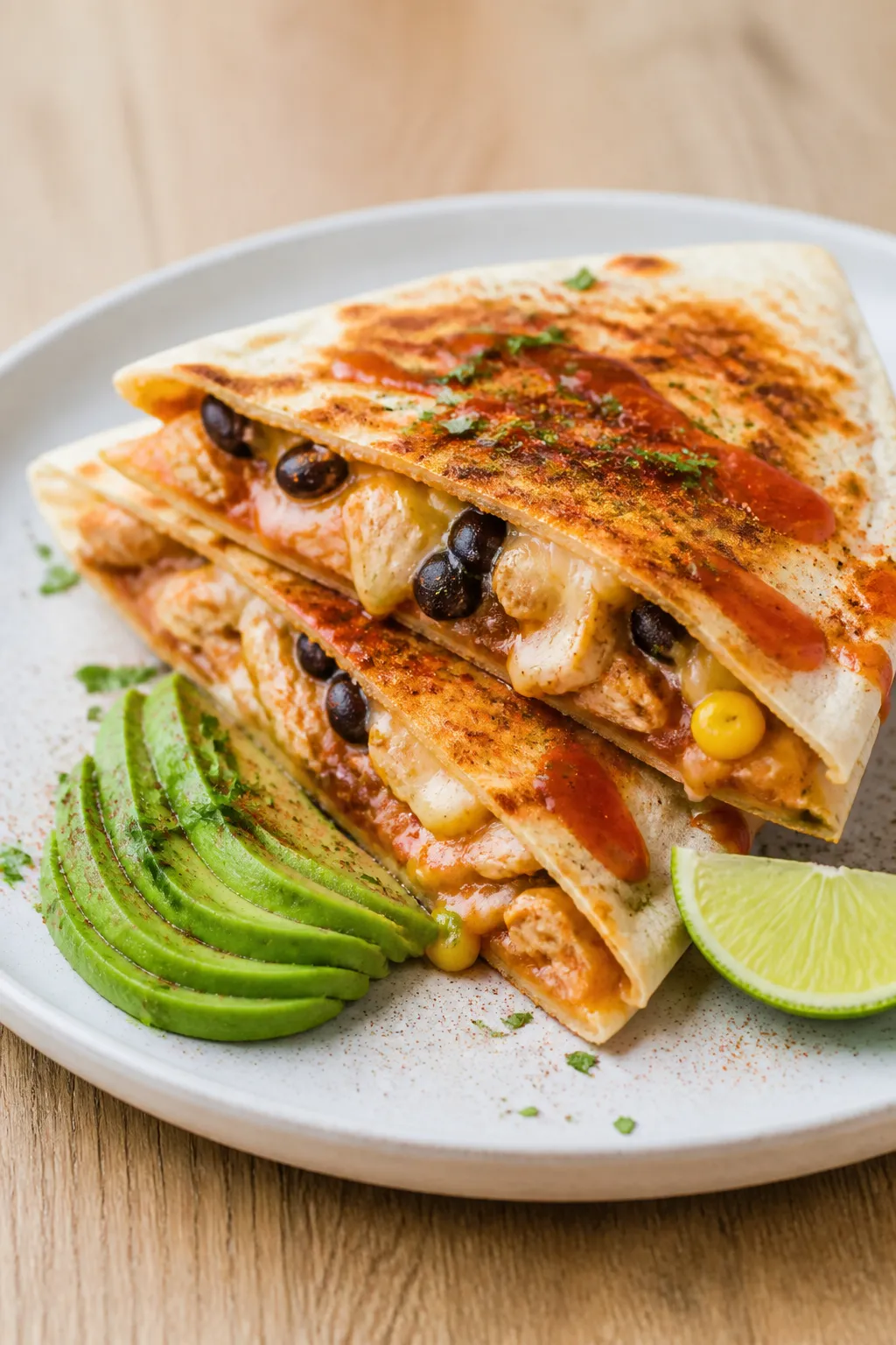 Final plated presentation: Restaurant-quality arrangement of two stacked quesadilla wedges on a ligh