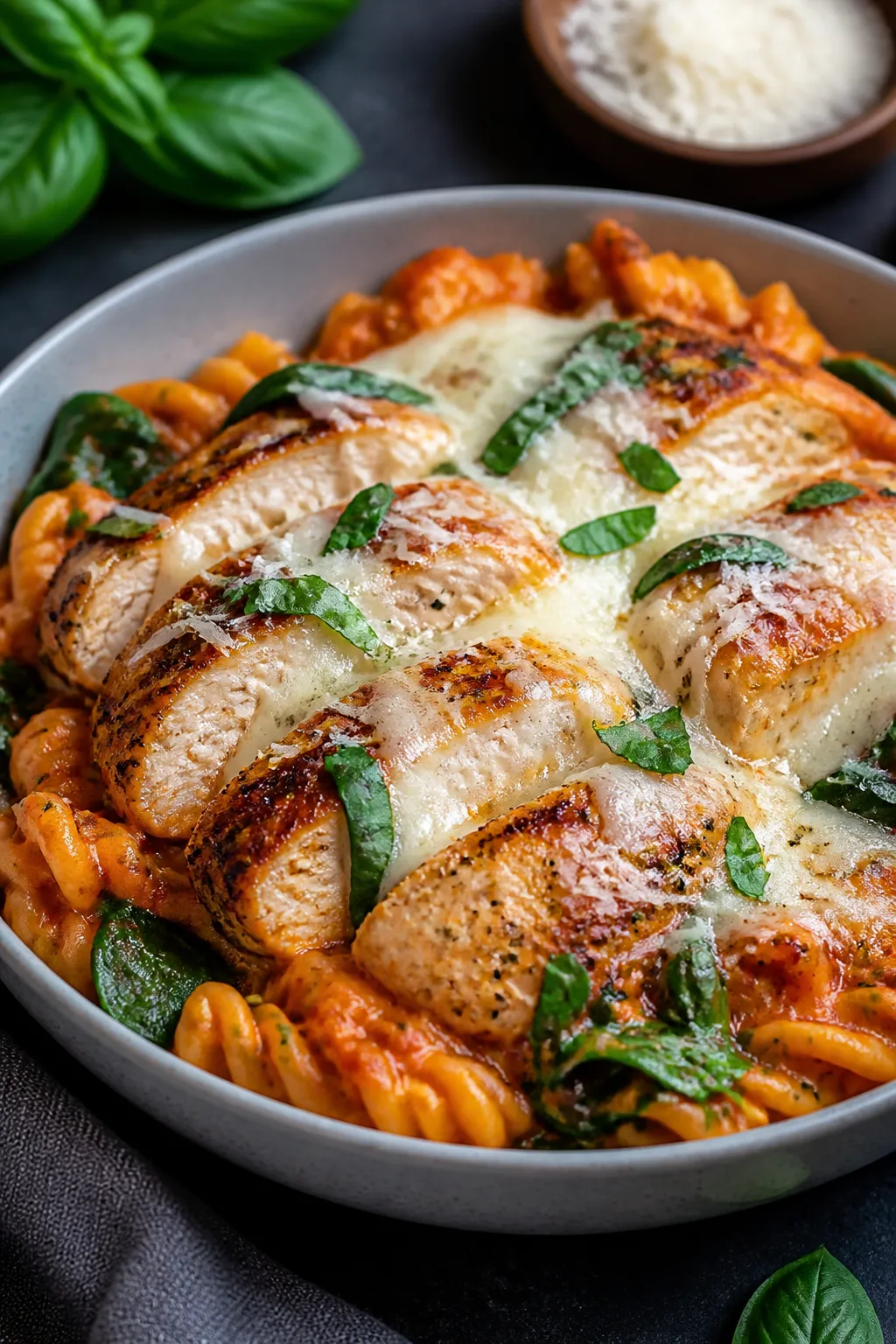 Final plated presentation: Restaurant-quality bowl of High Protein Chicken Parmesan Pasta with optio