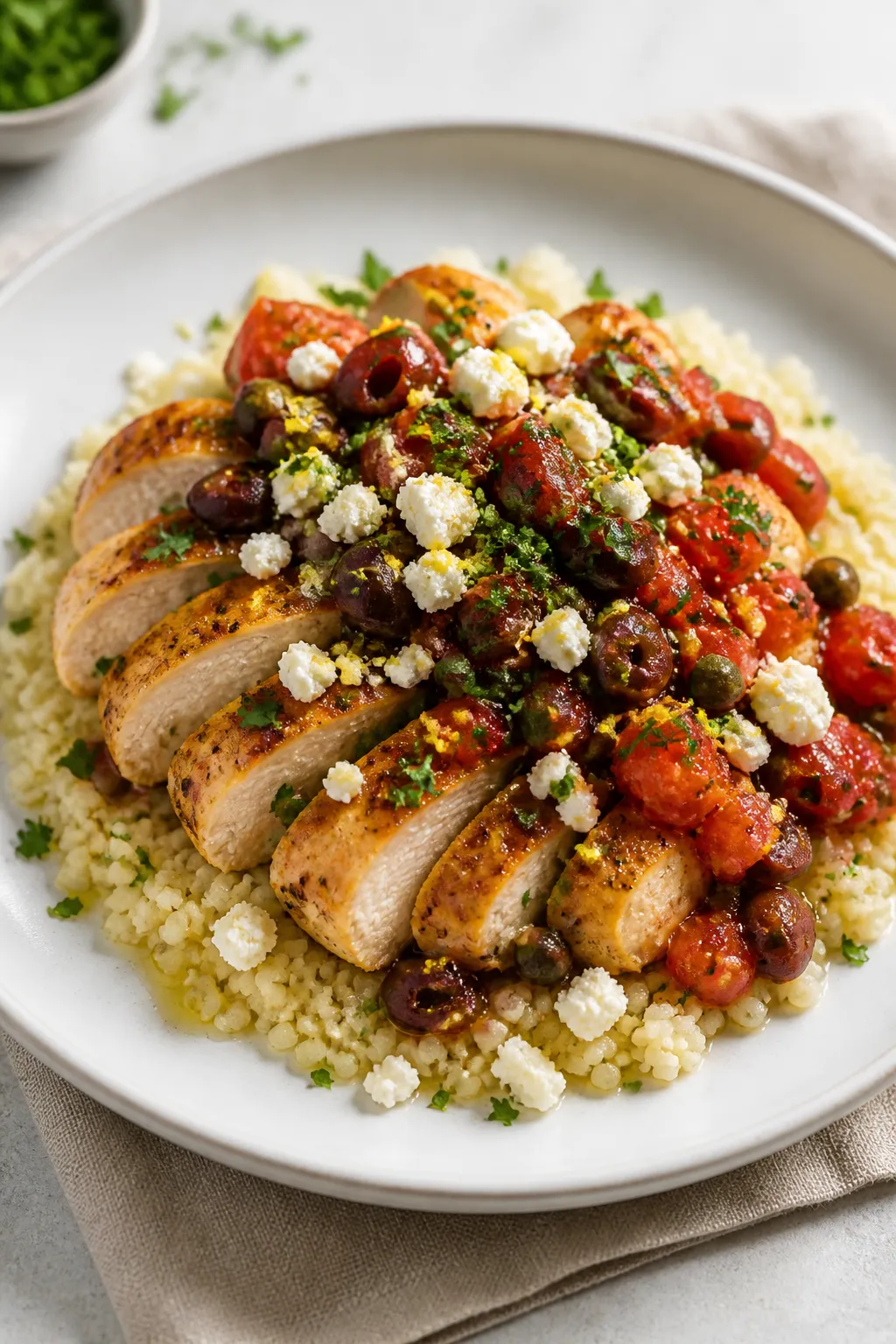 Final plated presentation, restaurant-quality: Sliced, ultra-juicy Mediterranean chicken breast fann