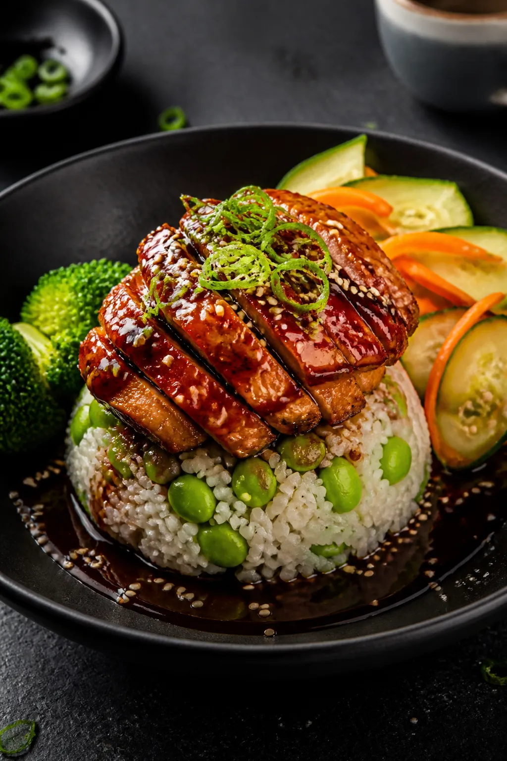 Final plated, restaurant-quality presentation: Beautifully plated Chicken Teriyaki Bowl arranged in 