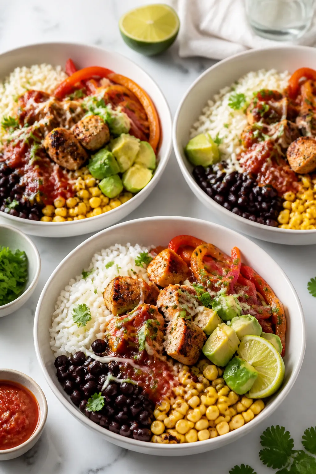 Final plated, restaurant-quality presentation: Three neatly composed meal-prep bowls arranged diagon