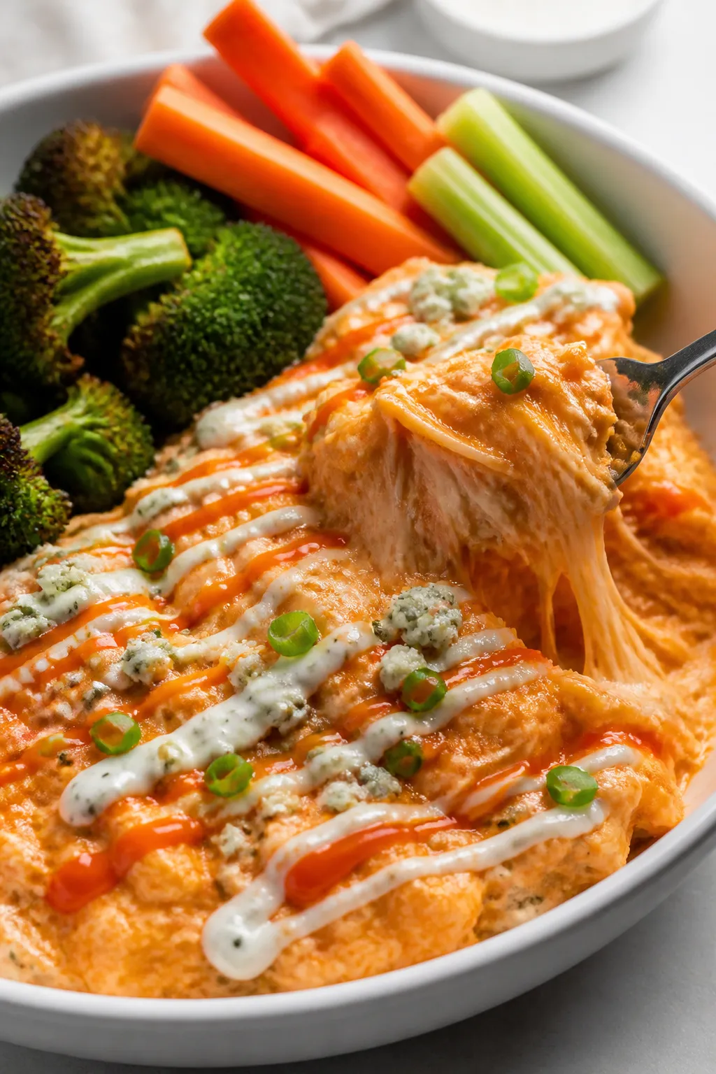 Final plated, restaurant-style: A generous scoop of Cottage Cheese Buffalo Chicken Bake in a shallow