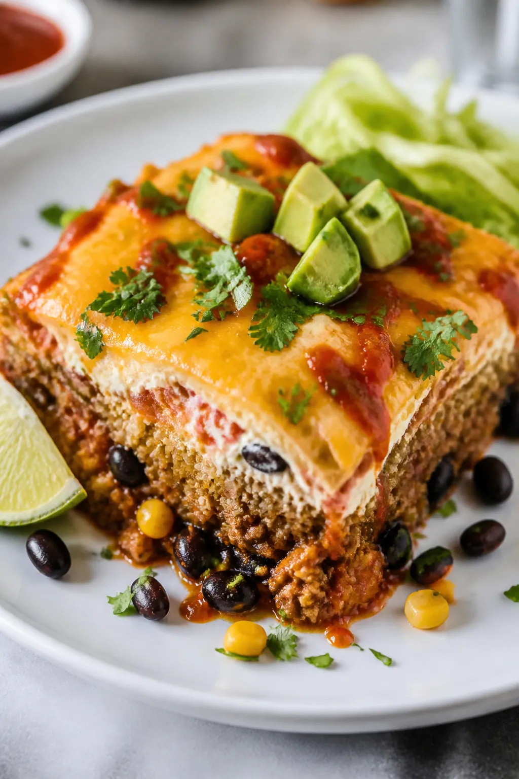 Final plated serving, hero shot: A generous square of the High Protein Taco Casserole on a matte whi