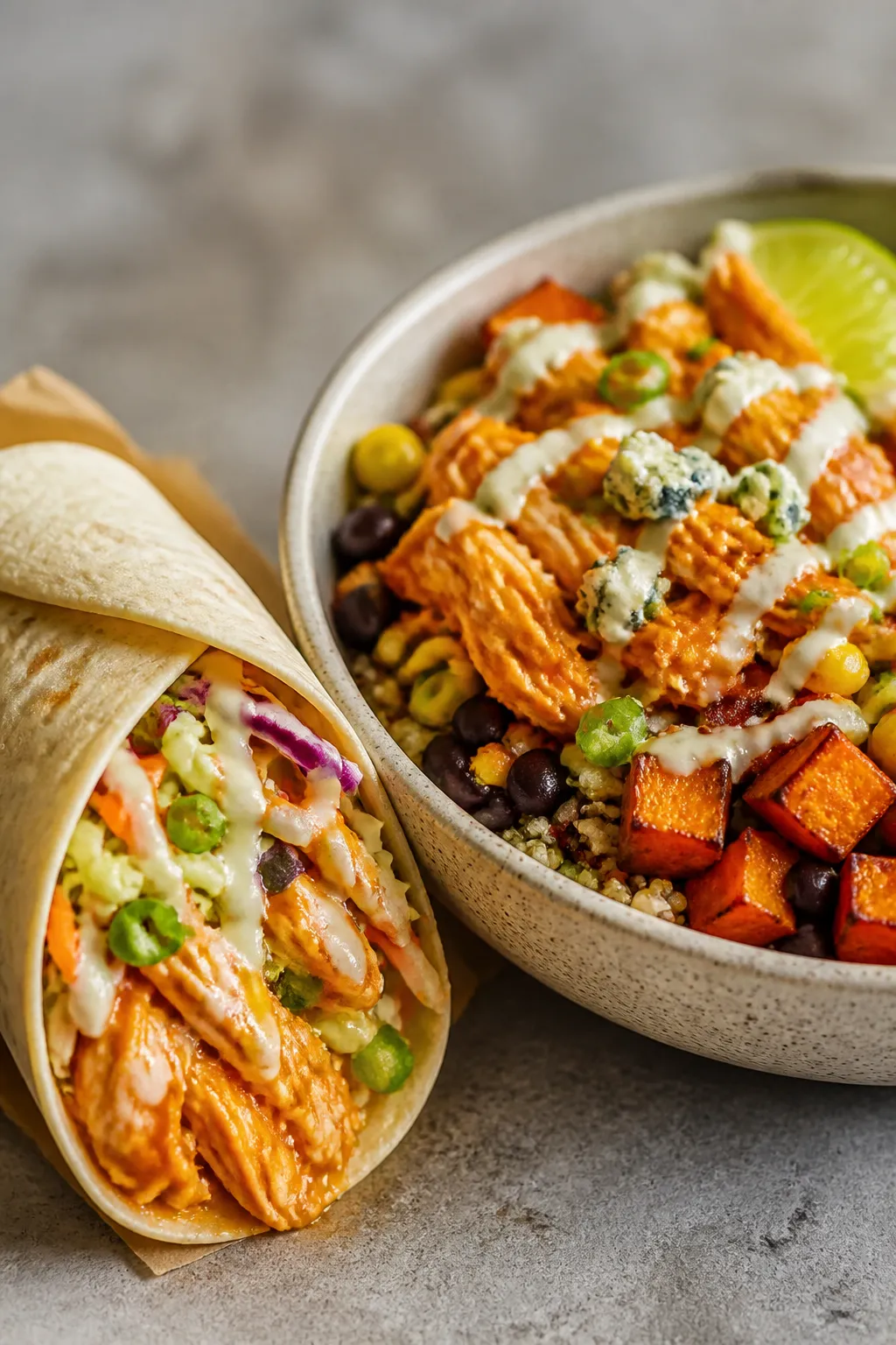 Final plated wrap/bowl presentation: Restaurant-quality buffalo chicken wrap and bowl duo—on the l