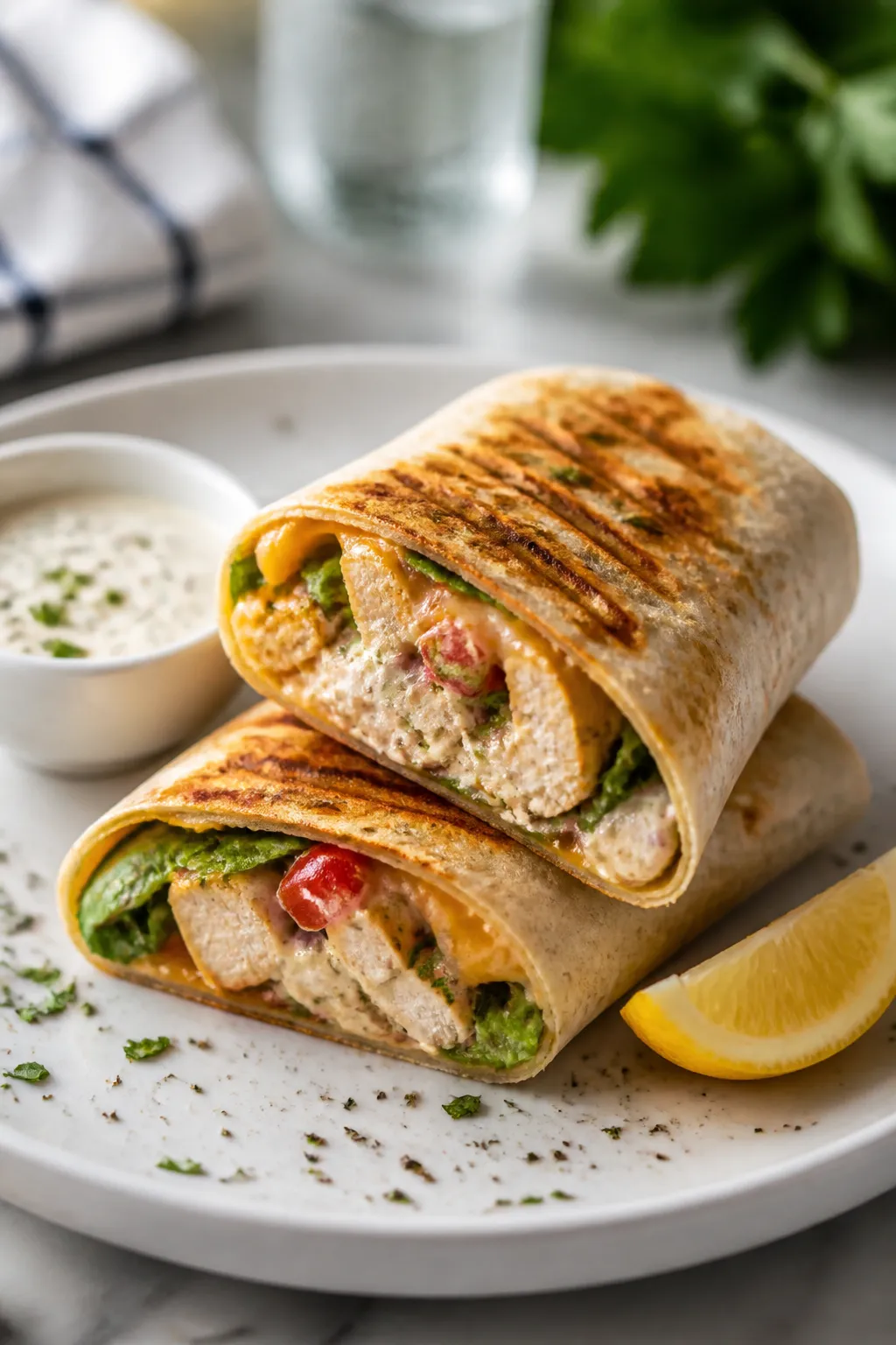 Final plated wrap, sliced on the diagonal and lightly grilled to a golden, crisp seam: two halves st