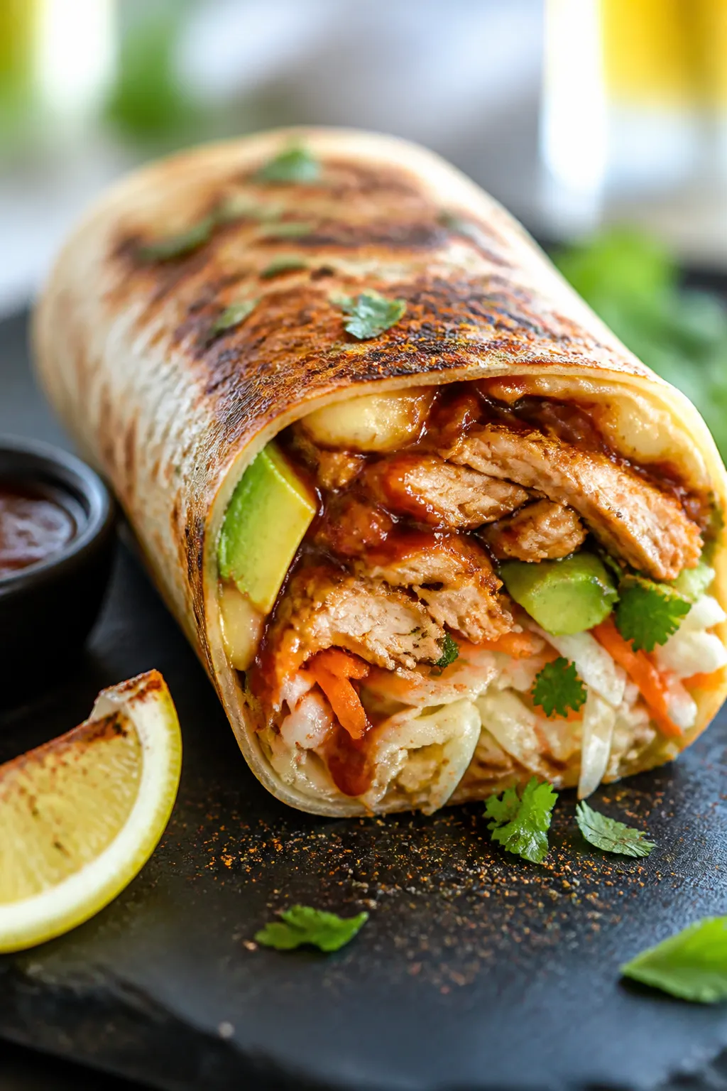 Final presentation beauty shot: Close-up of a tightly rolled, skillet-crisped high-protein BBQ chick
