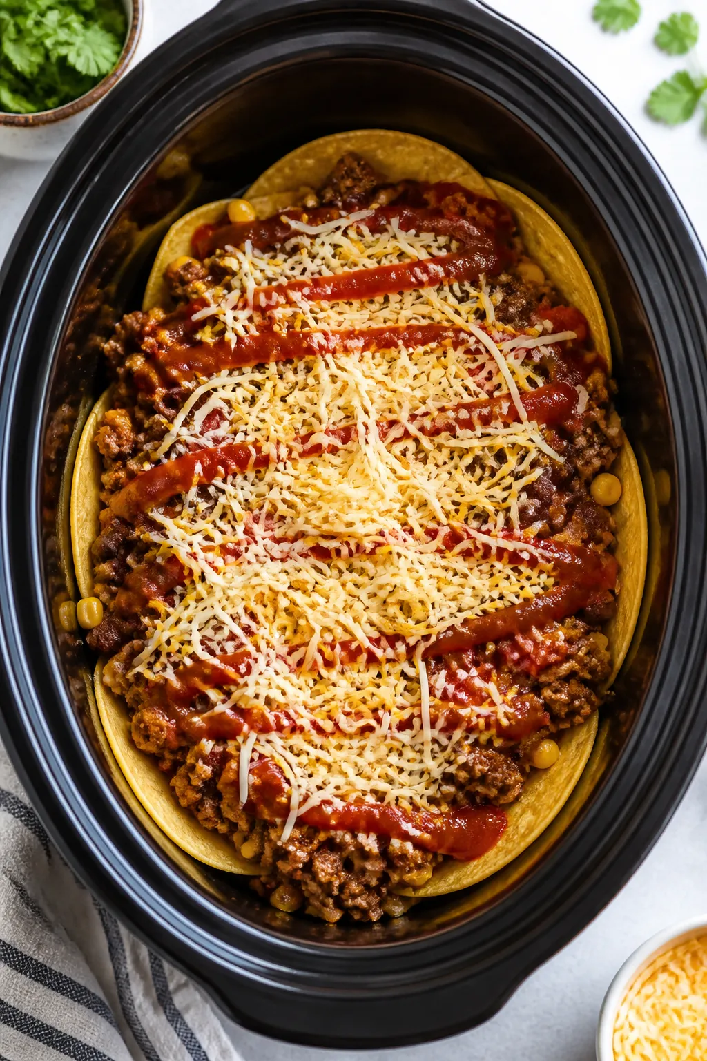 Layering in the slow cooker: Overhead shot of the casserole mid-assembly inside a 6-quart slow cooke