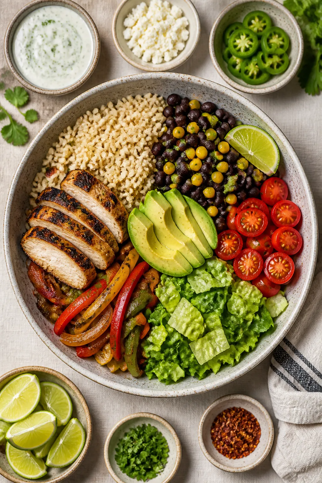 Overhead “assembly” shot: of an open burrito bowl layout just before final drizzle—quadrants o