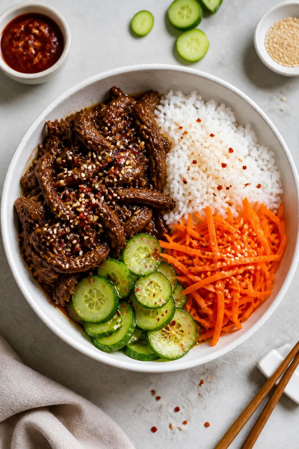 Overhead “bowl build” top view: Tasty top-down shot of Korean Beef rice bowl assembled meal-prep