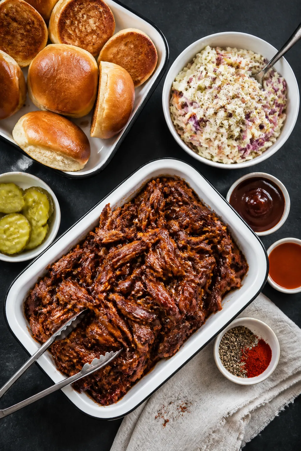 Overhead “build-your-own” brisket sandwich spread: of toasted potato rolls, a platter of shredde
