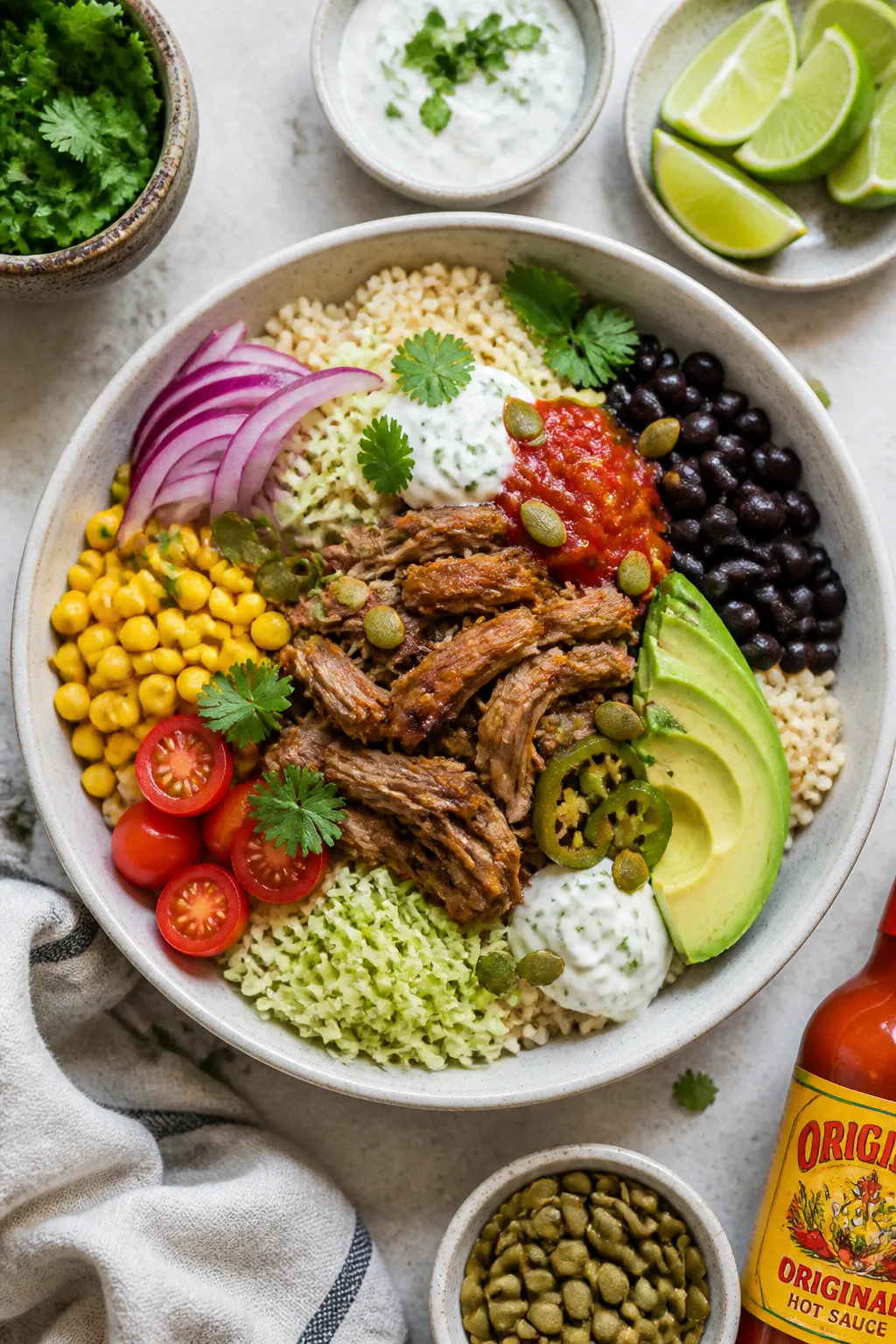 Overhead “build-your-own” spread: Tasty top view of assembled Southwest-style protein bowl—bro