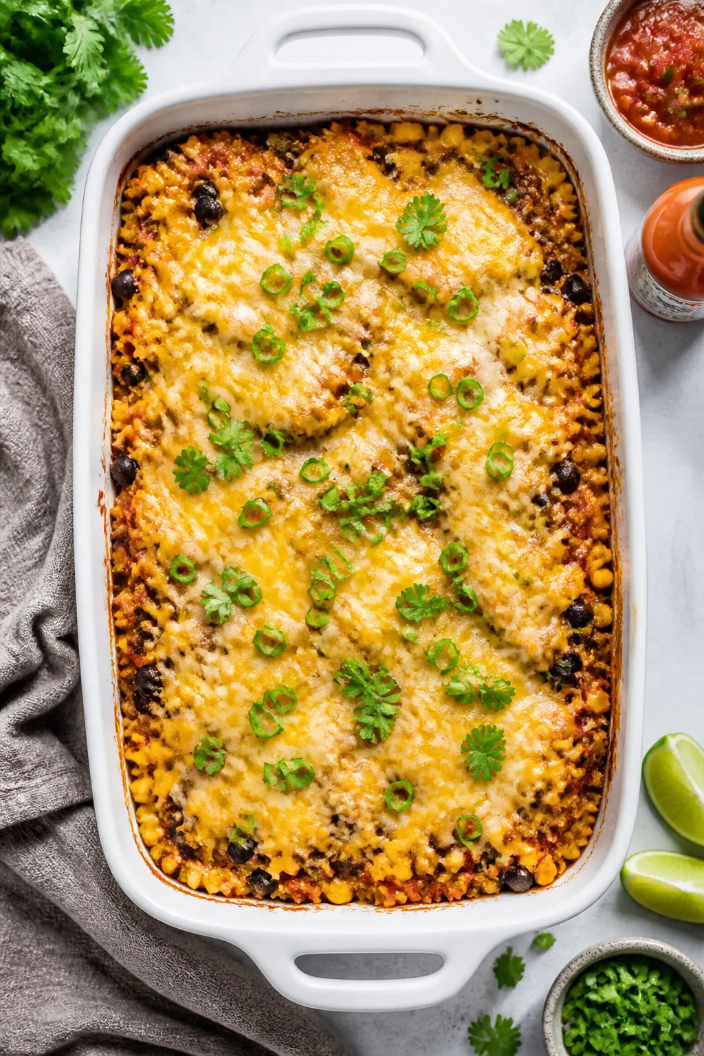 Overhead casserole reveal: Top-down shot of the baked High Protein Taco Casserole in a 9x13 dish jus