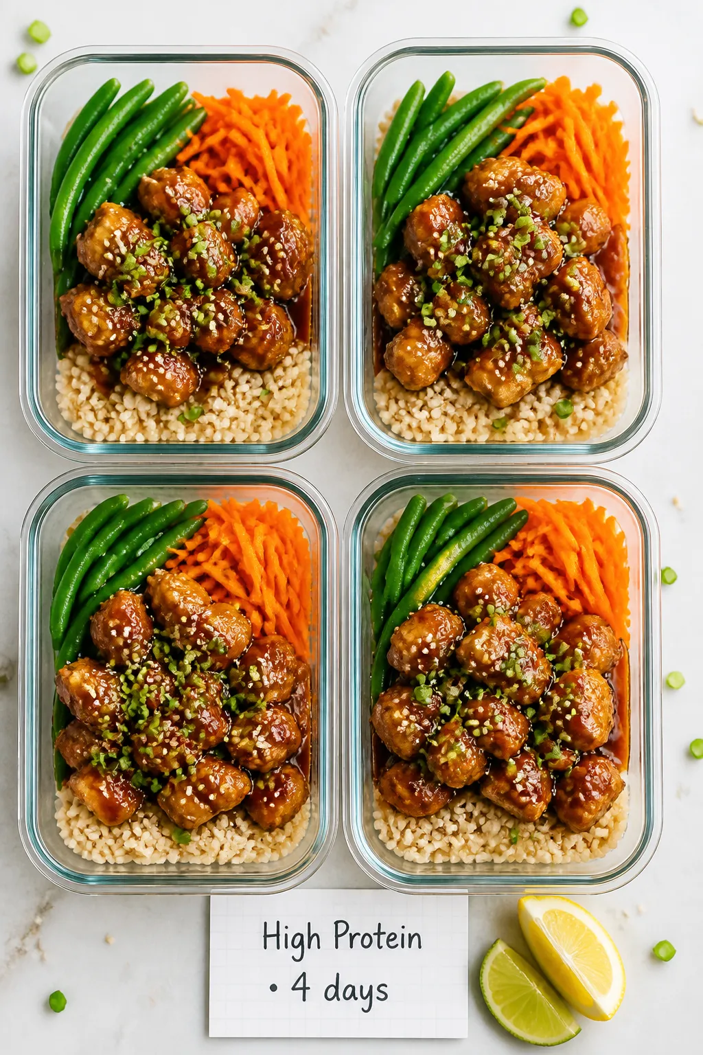 Overhead meal-prep layout: Top-down shot of 4 neatly arranged glass, microwave-safe meal prep contai