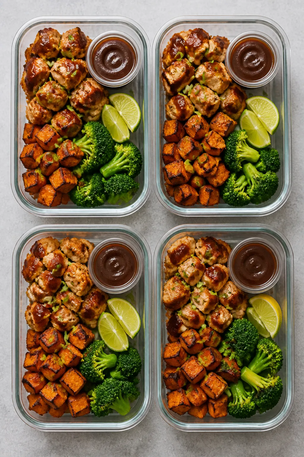 Overhead “meal prep” top view: Four neatly portioned containers filled with chopped BBQ chicken,