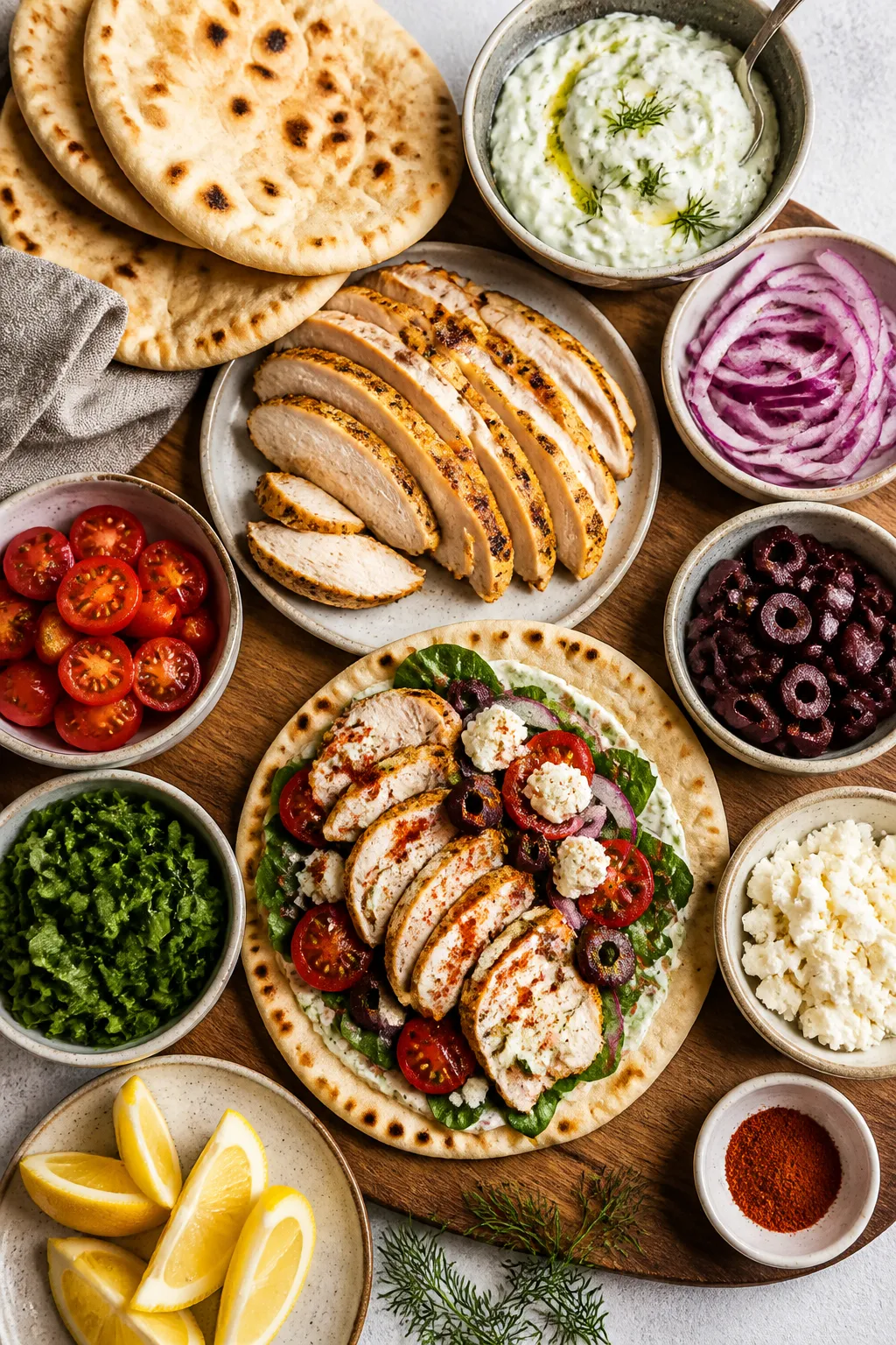 Overhead meal-prep top view: Tasty top-down shot of a build-your-own wrap board: warmed Greek pitas,