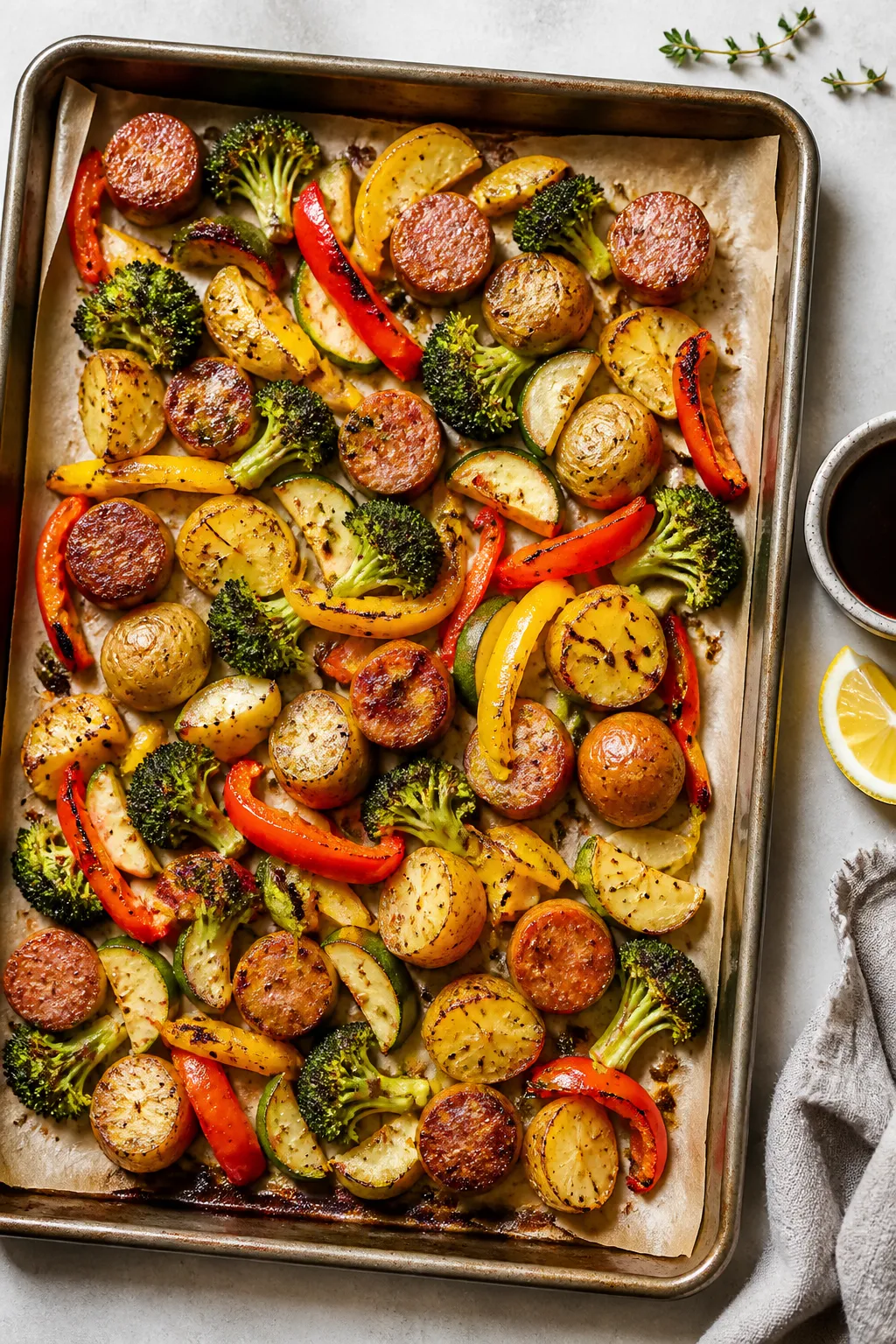 Overhead shot of a just-roasted Sheet Pan Chicken Sausage Dinner on a large rimmed sheet pan: carame