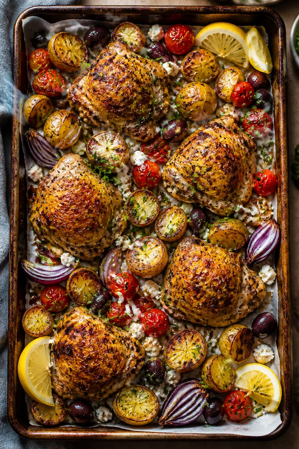 Overhead shot of a just-roasted sheet pan Greek chicken scene: golden, crisp-edged baby potatoes, bl