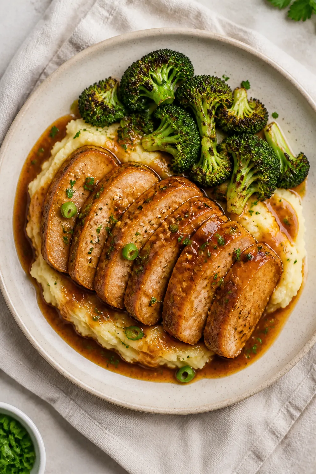 Overhead shot of the final plated dish: neatly fanned slices of honey garlic pork loin atop creamy m