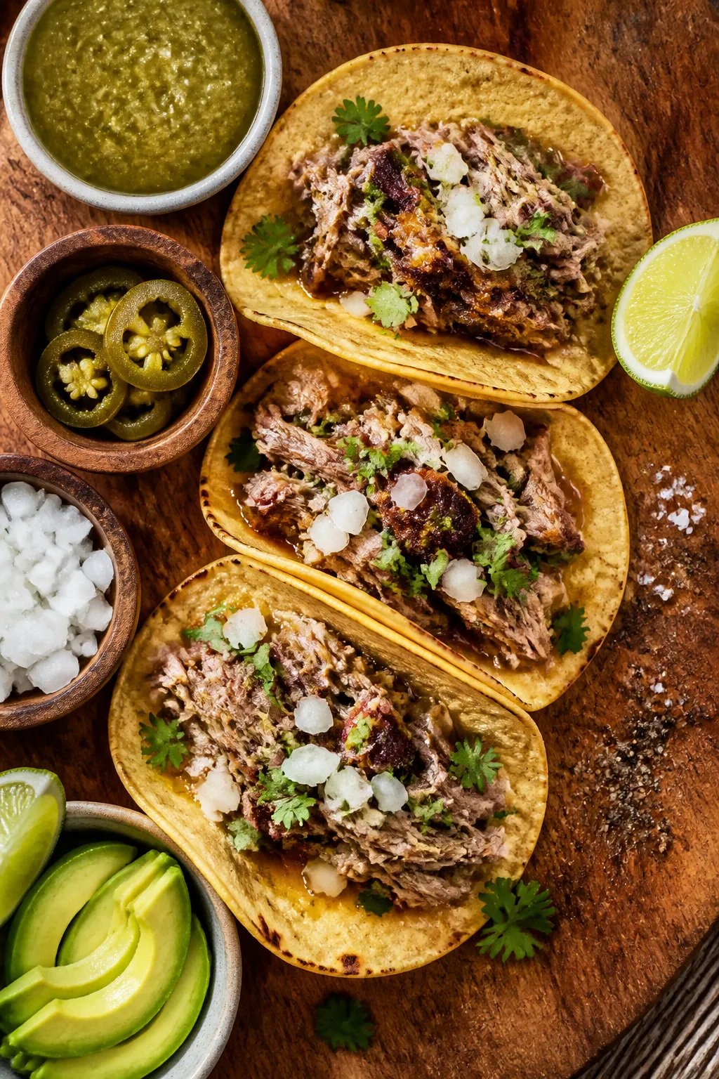 Overhead “taco assembly” scene: warm corn tortillas filled with carnitas moistened with a spoonf
