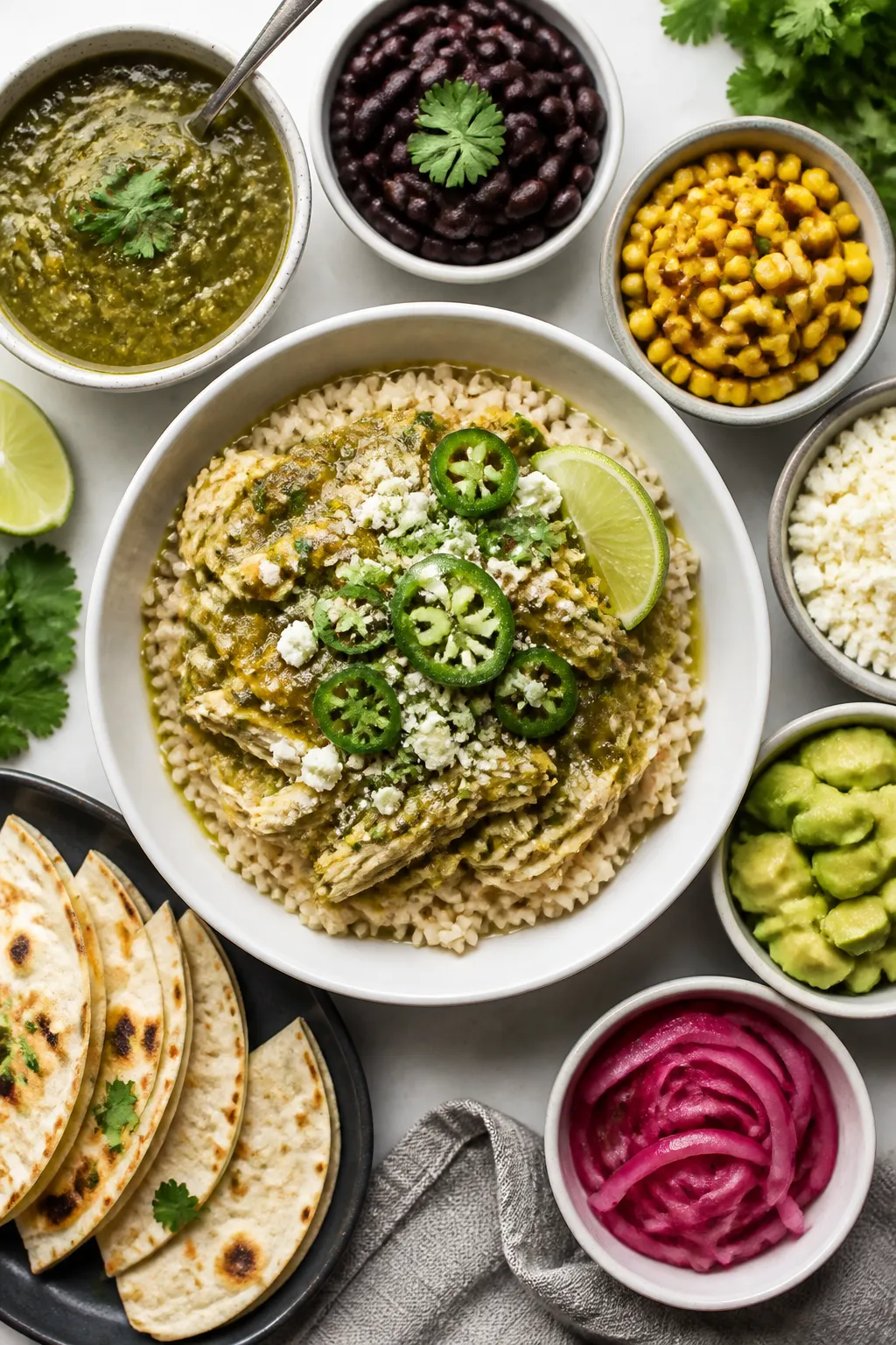 Overhead “tasty top view,” customizable spread: Top-down shot of a build-your-own bowl scene. Ce