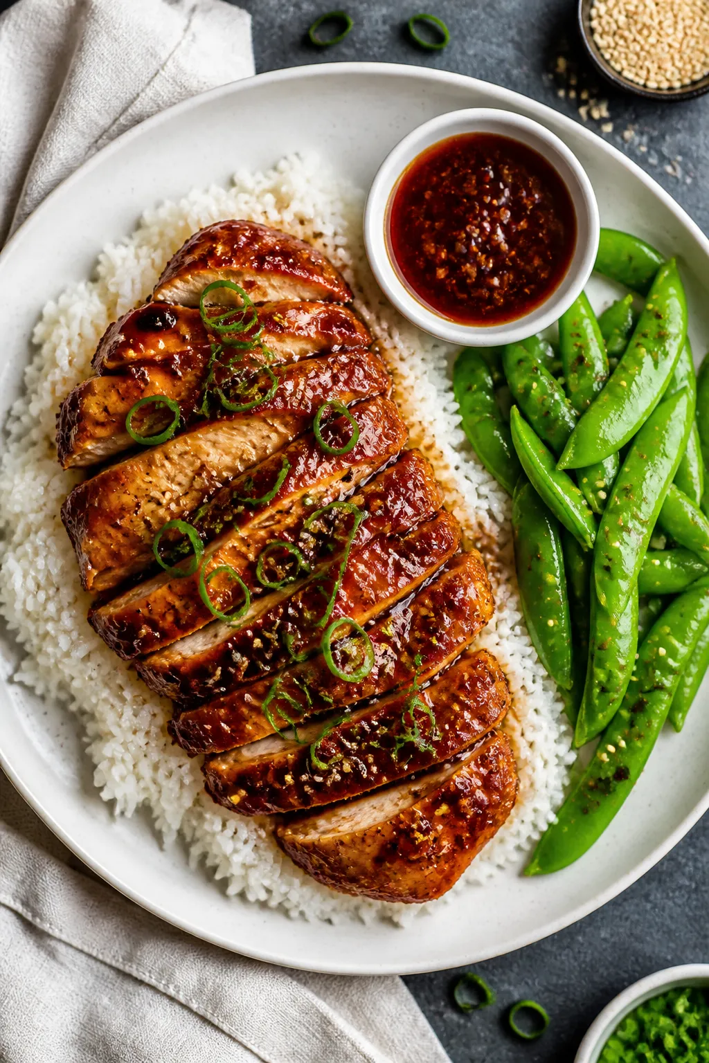 Overhead “tasty top view” of a finished plate: sliced boneless honey garlic chicken thighs fanne