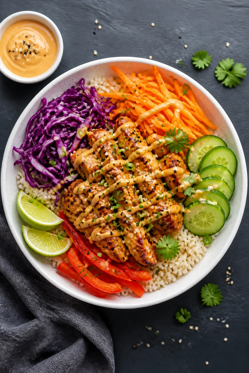 Overhead “tasty top view” of assembled Healthy Bang Bang Chicken Bowl: fluffy jasmine or brown r