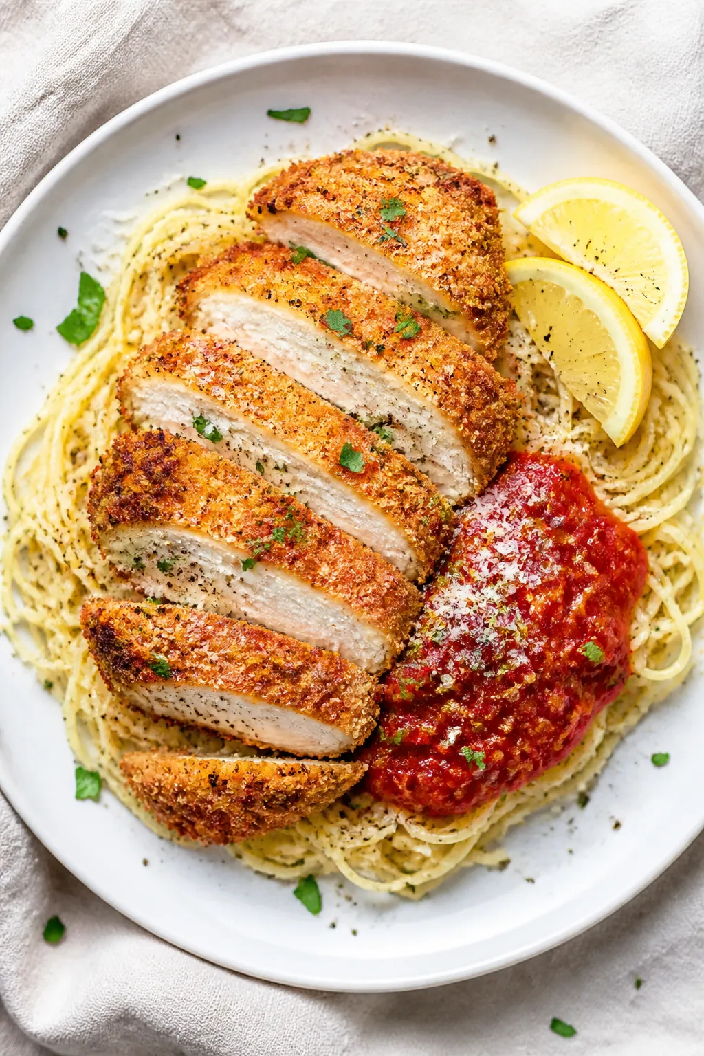 Overhead “tasty top view” of sliced Parmesan-crusted chicken arranged over buttered noodles with
