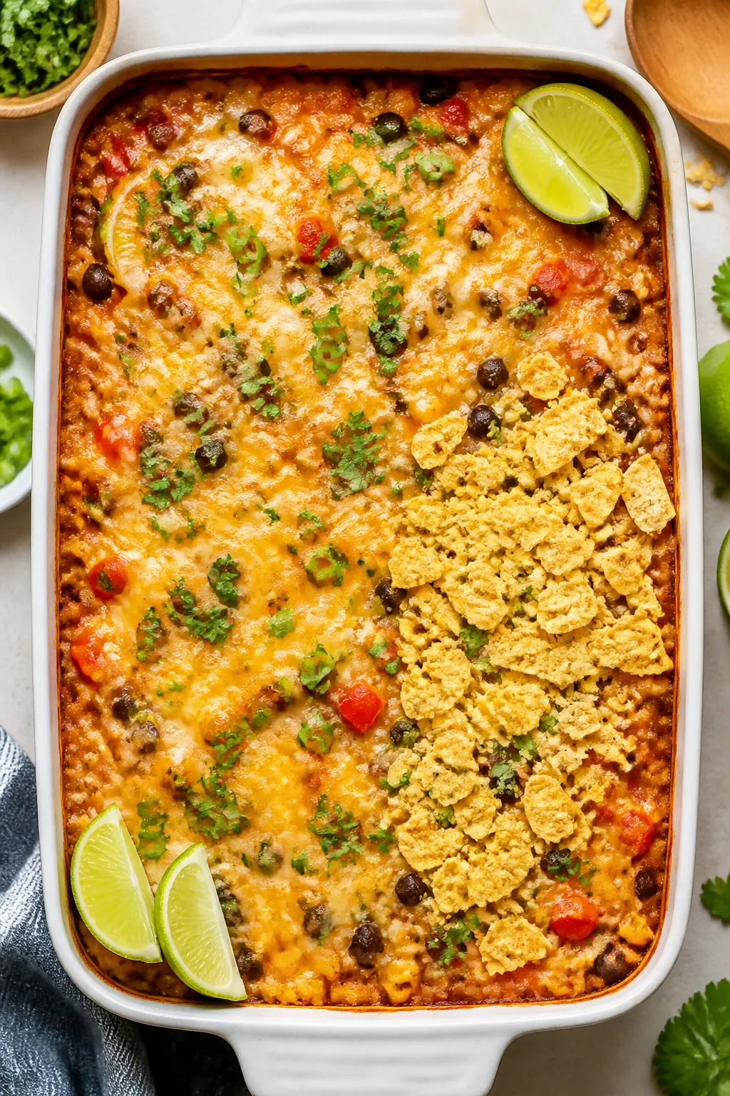 Overhead “tasty top view” of the baked casserole: Healthy Chicken Burrito Casserole just out of 