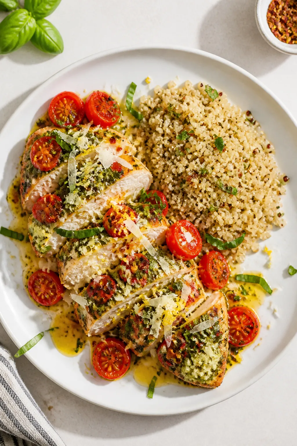 Overhead “tasty top view” of the final plated High Protein Pesto Chicken Bake: sliced chicken br