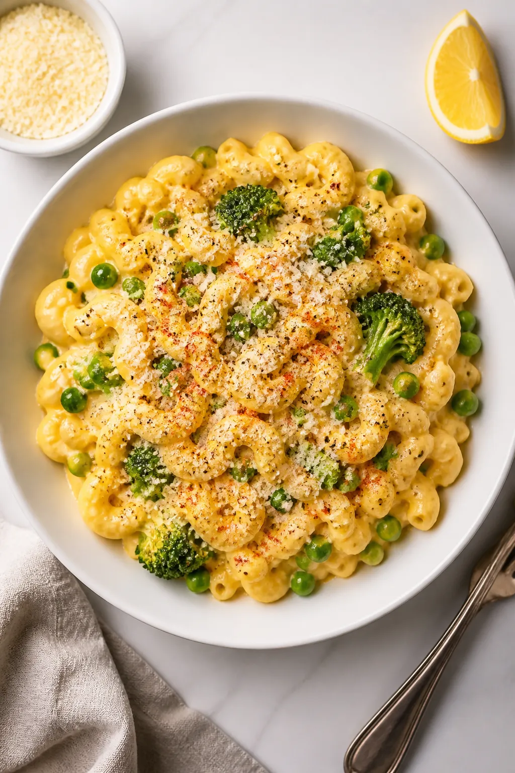 Overhead “tasty top view” of the final plated High Protein Mac and Cheese: piled in a wide white