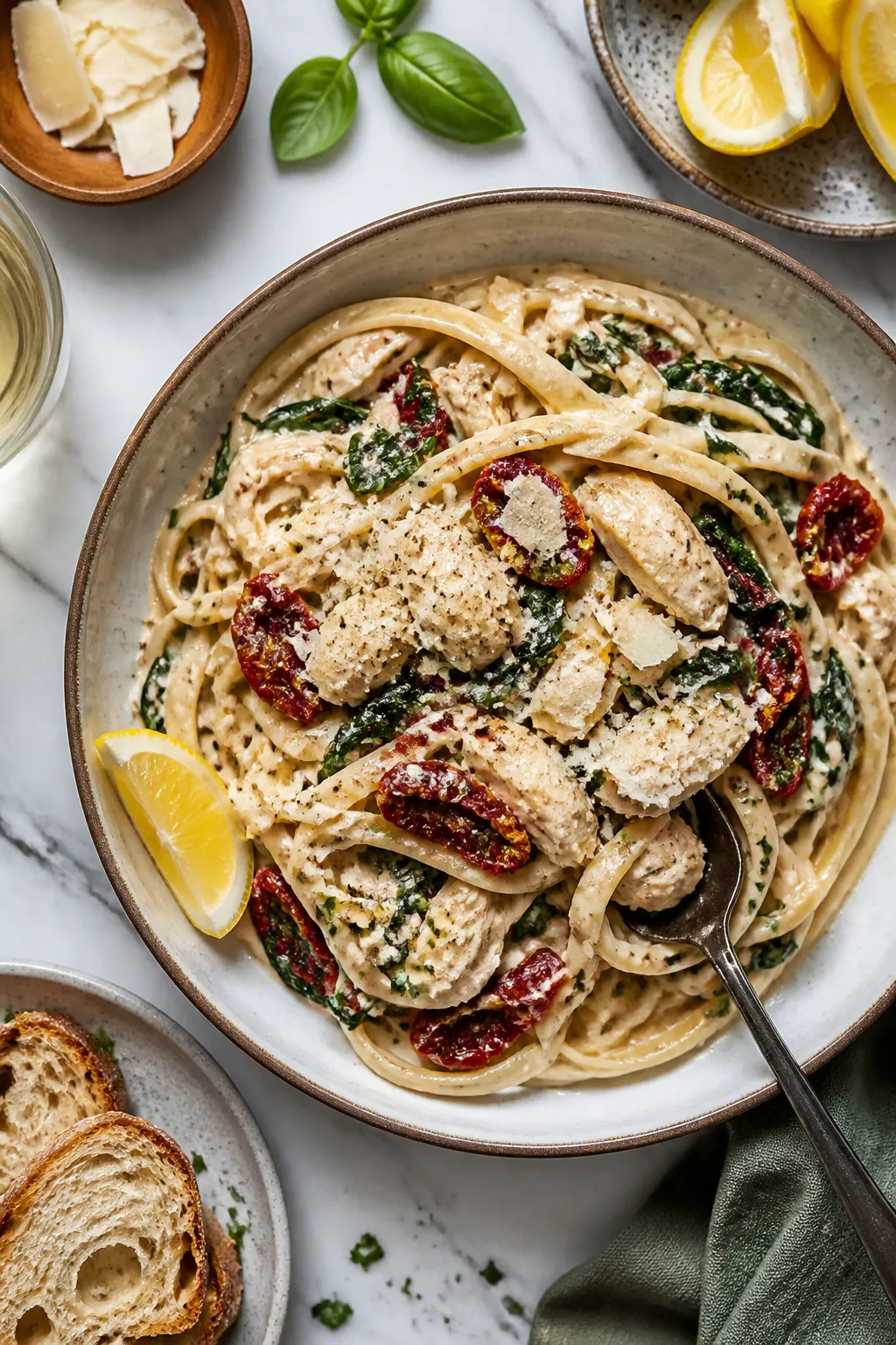 Overhead “tasty top view” serving scene: Family-style bowl of Slow Cooker Tuscan Chicken spooned