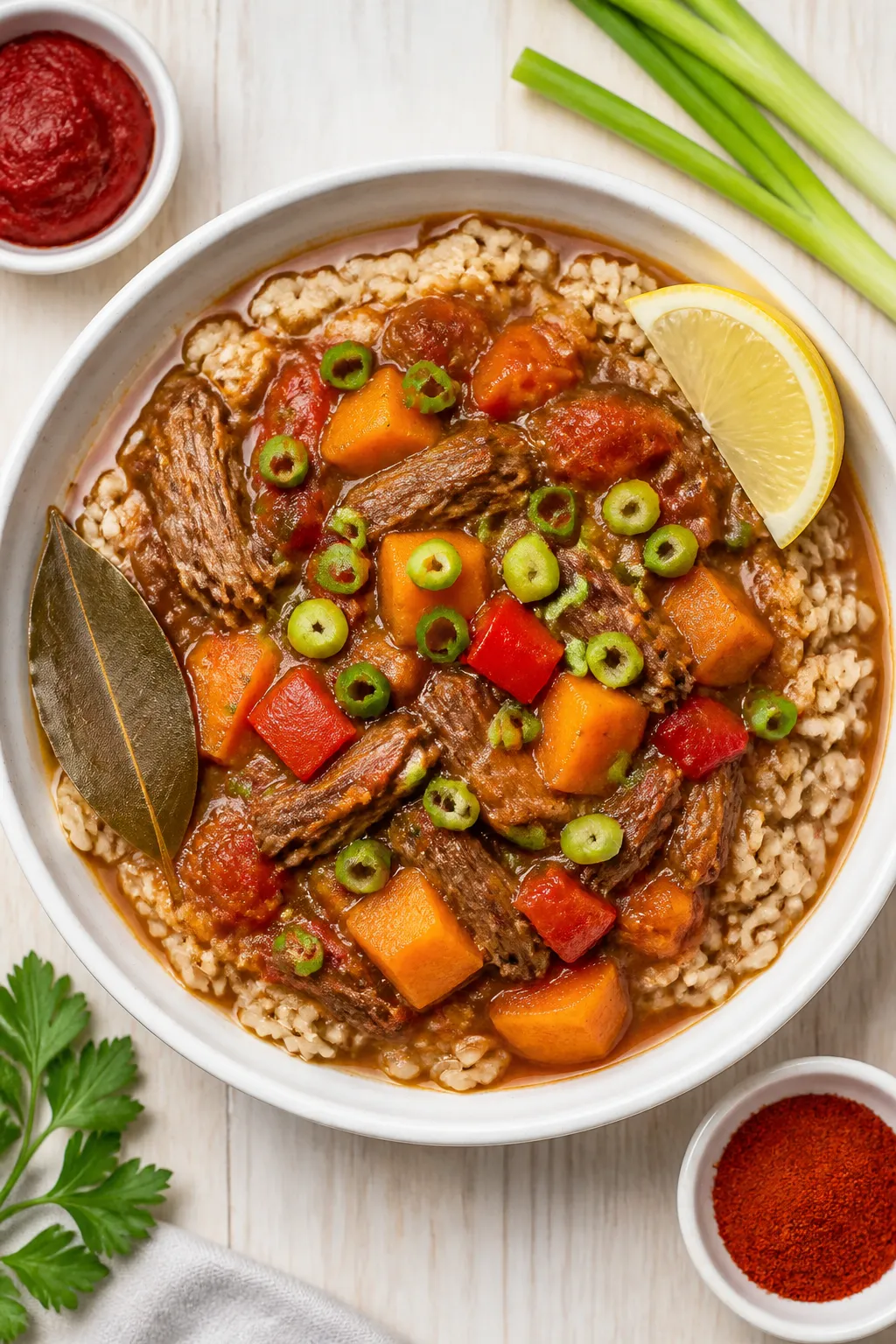 Overhead “tasty top view” shot: A generous bowl of Slow Cooker Lean Beef & Sweet Potatoes ladled