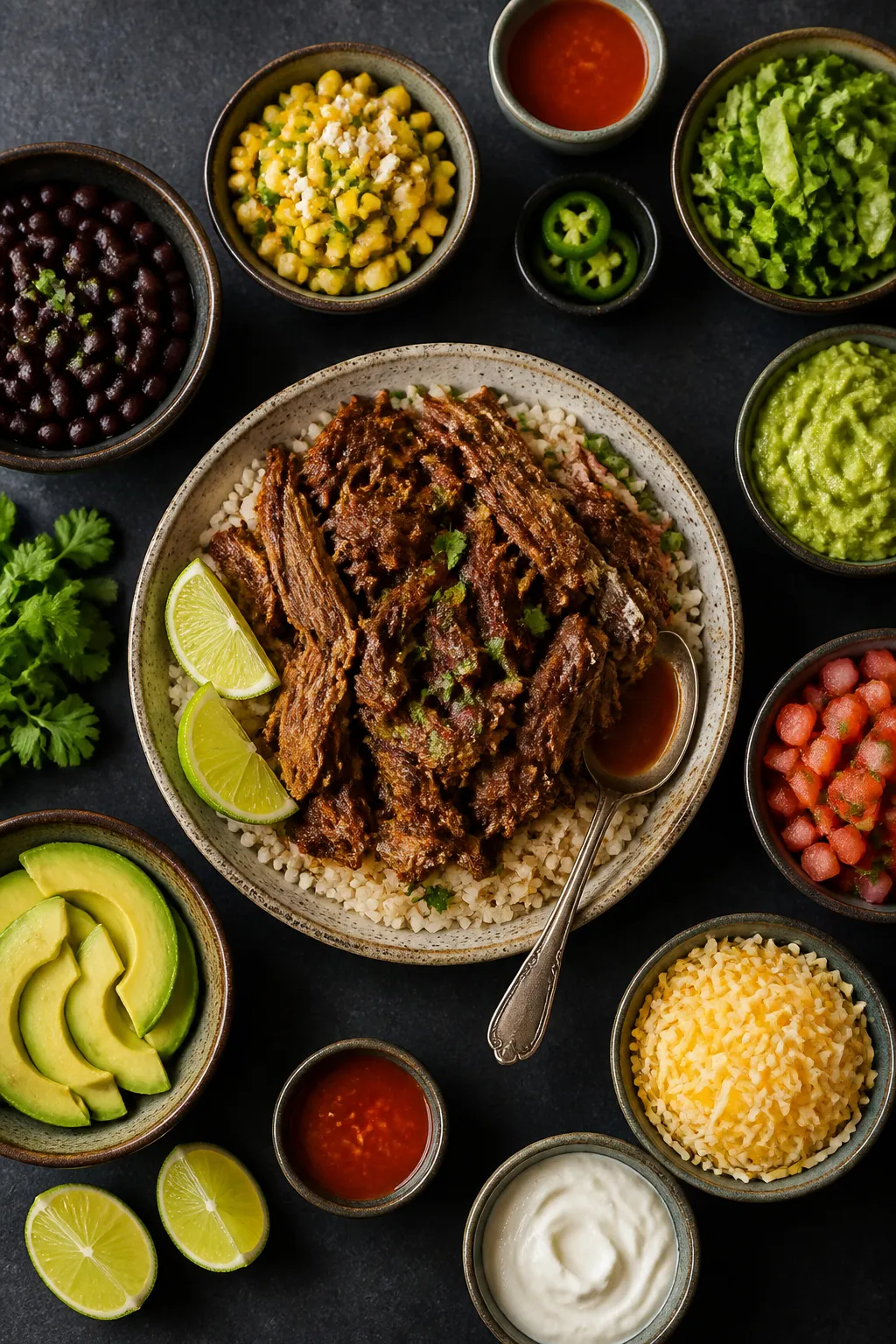 Overhead tasty top view: Top-down shot of a build-your-own burrito bowl spread—center bowl piled w