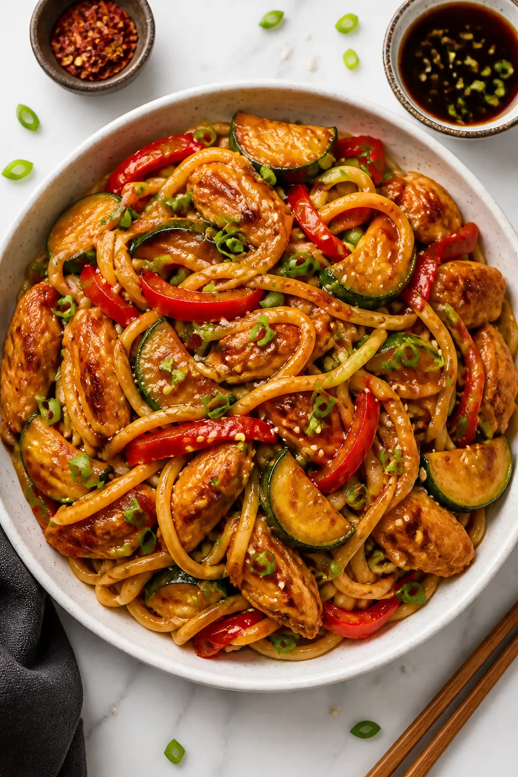 Overhead “tasty top view”: Top-down shot of Chicken Zucchini Stir Fry tossed with lo mein noodle