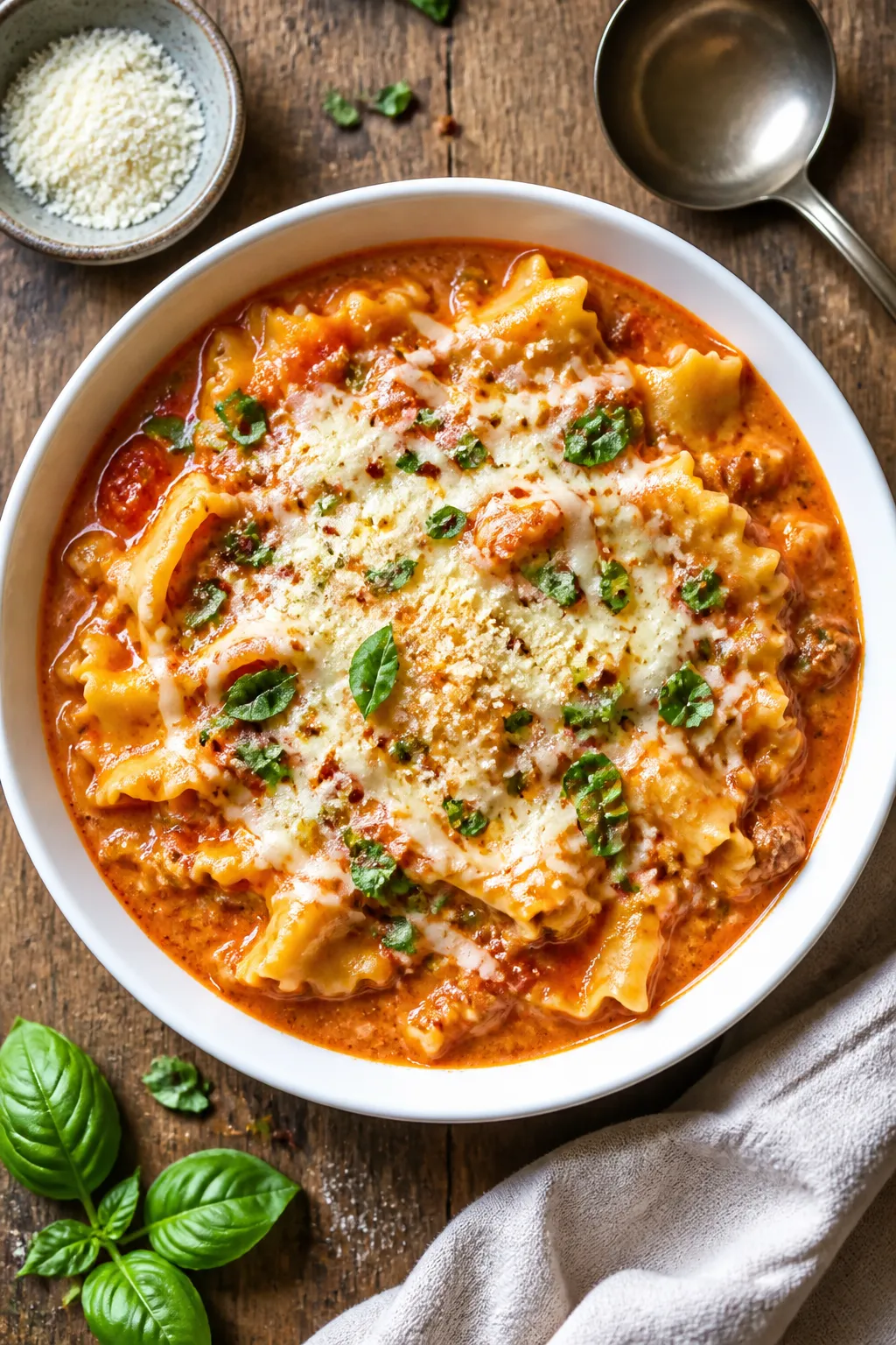 Overhead “tasty top view”: Top-down shot of the finished high-protein lasagna soup in a wide, sh