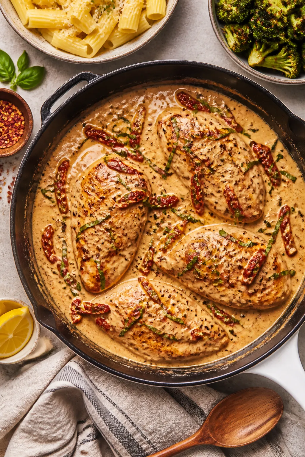 Overhead top view, family-style: One-pan Marry Me Chicken presented in a large skillet, all pieces c