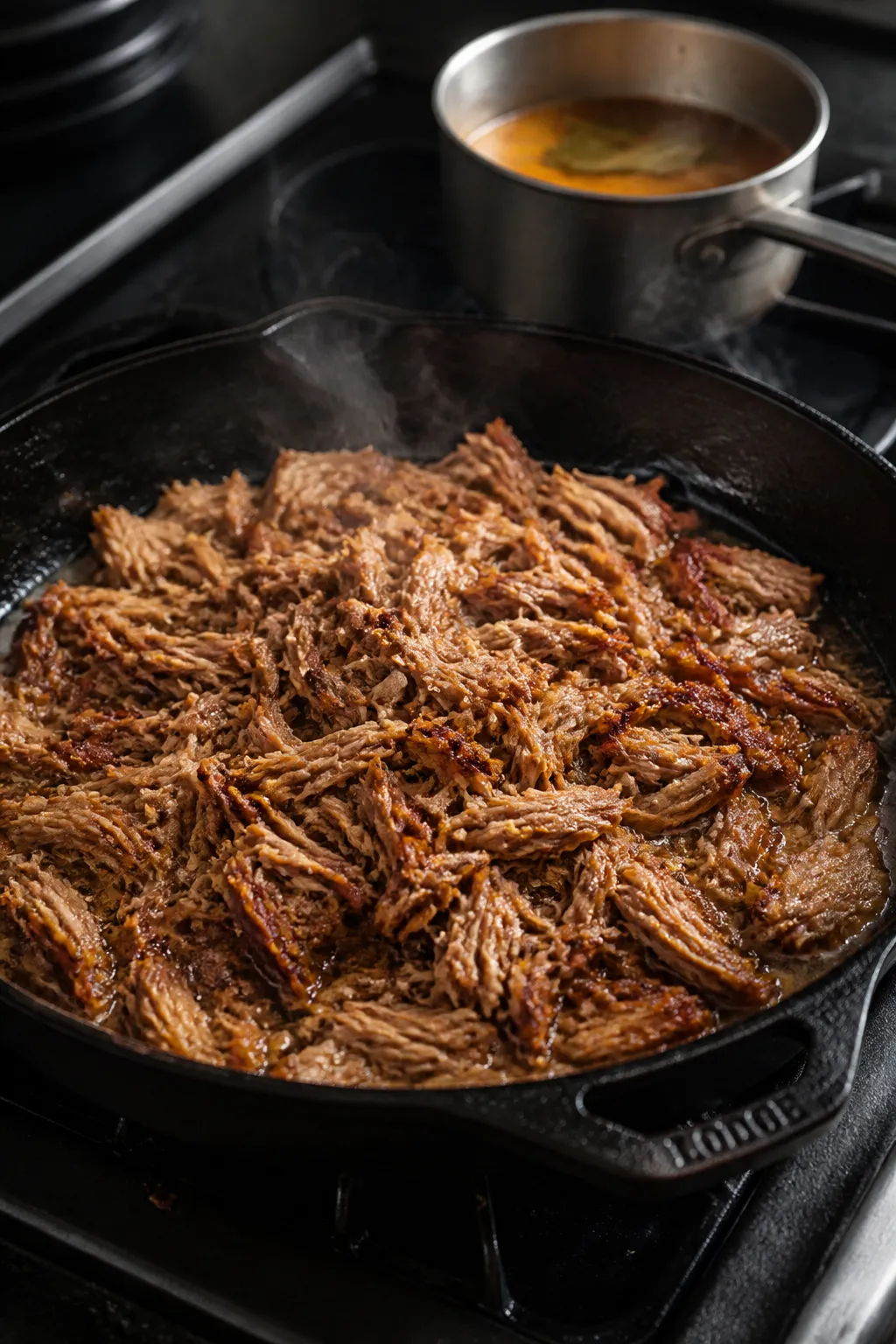 Process-on-stovetop action shot: carnitas sizzling in a wide cast-iron skillet for the crisping step