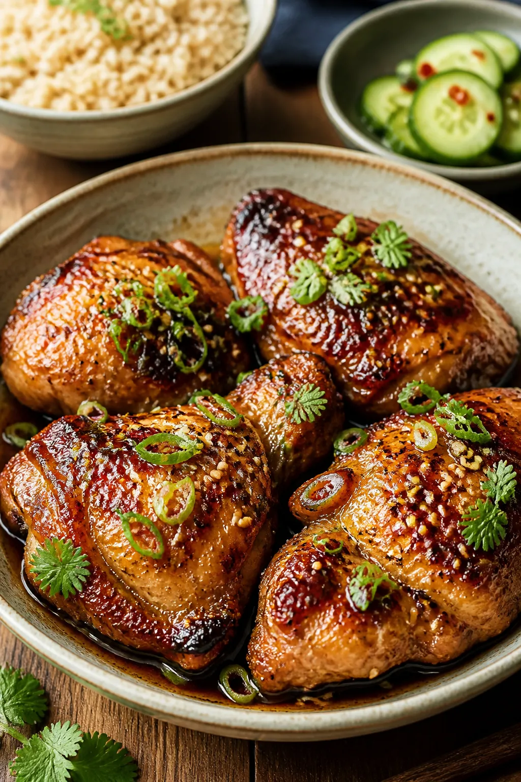 Restaurant-quality final presentation: bone-in, skin-on honey garlic chicken thighs arranged in a sh