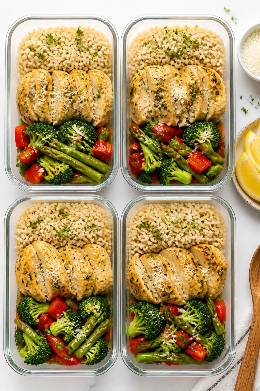 Tasty overhead shot for meal prep: of four neatly portioned meal-prep containers filled with brown r