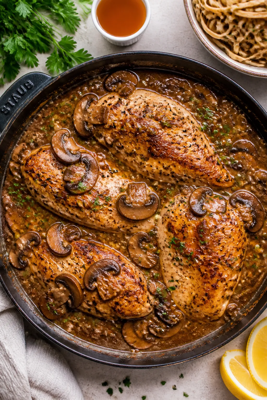 Tasty overhead shot: of a rustic skillet filled with finished Chicken Marsala—chicken breasts coat