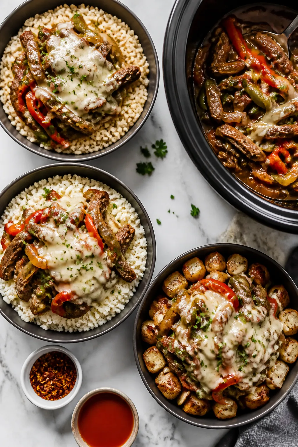 Tasty top-down meal-prep/serving scene: Overhead shot of multiple cheesesteak bowls with varied base