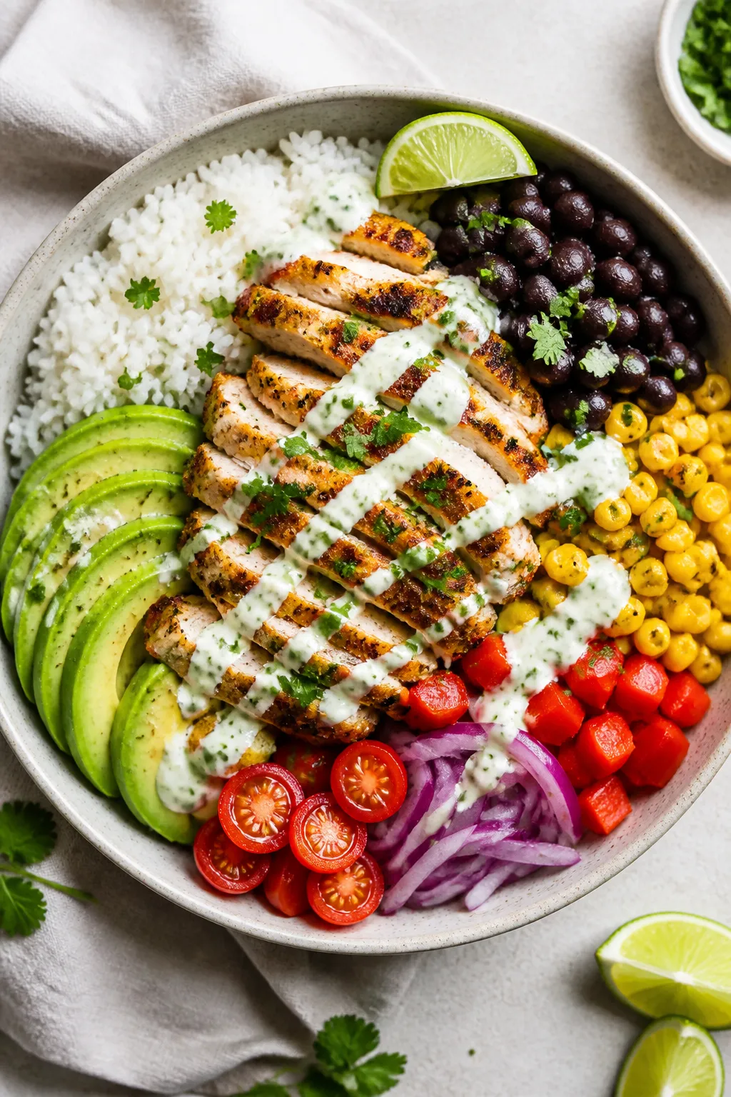 Tasty top view, assembled bowl: Overhead shot of a High Protein Chicken Burrito Bowl arranged in vib
